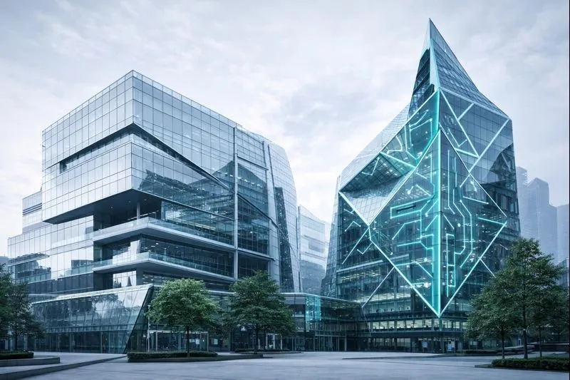 Futuristic office buildings representing AI companies and advanced technology businesses