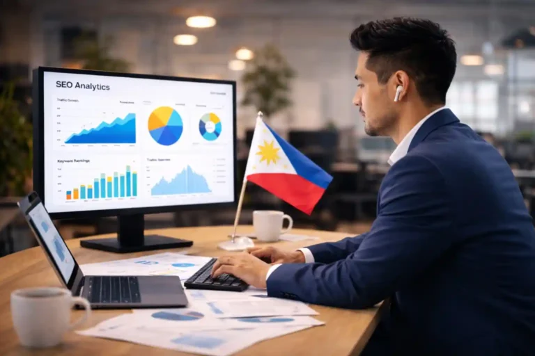 Filipino SEO Expert SEO agency professional reviewing search marketing analytics and growth strategy dashboard