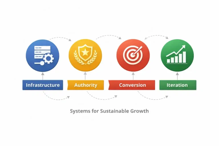 Filipino SEO Expert search growth philosophy framework showing infrastructure authority conversion and iteration system