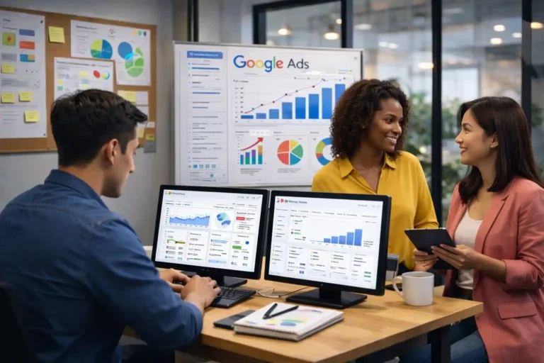 Filipino SEO Expert team analyzing SEO and Google Ads performance dashboard in a modern office