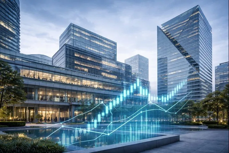 Digital financial district representing fintech companies and data driven financial technology