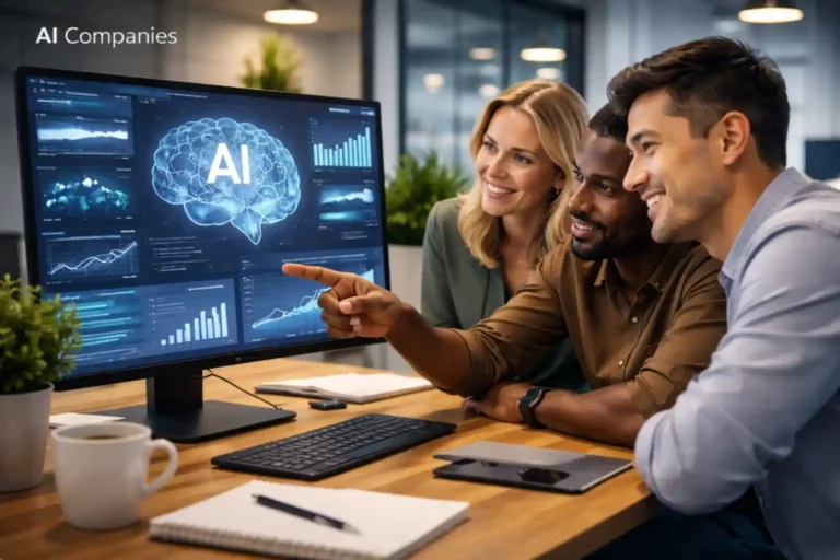 SEO agency team analyzing AI company analytics dashboard and growth performance data