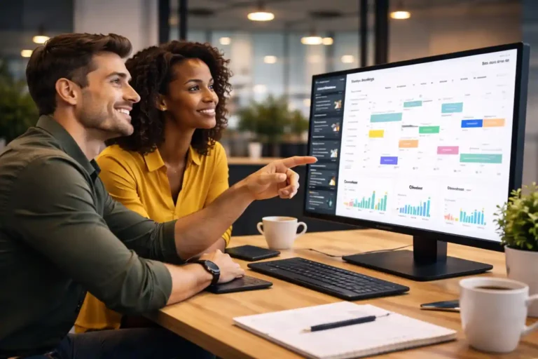 SEO agency team reviewing booking system business analytics dashboard and growth performance metrics