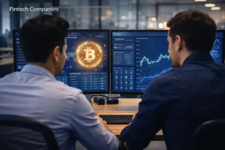 SEO agency specialists reviewing fintech company analytics and financial performance dashboards on dual monitors