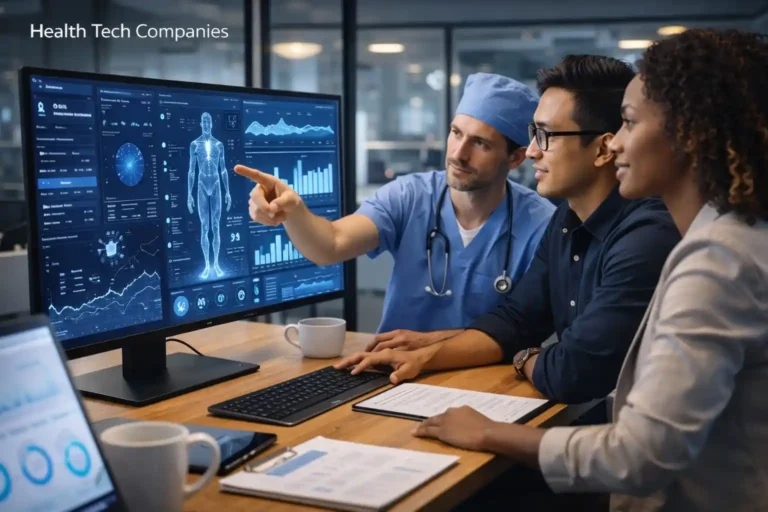 SEO agency team analyzing health tech company analytics dashboard and digital growth performance data