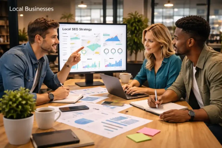 SEO agency team planning local business growth strategy with analytics dashboard, reports, and performance data