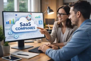 SEO agency team reviewing SaaS company performance metrics and growth strategy on desktop monitor