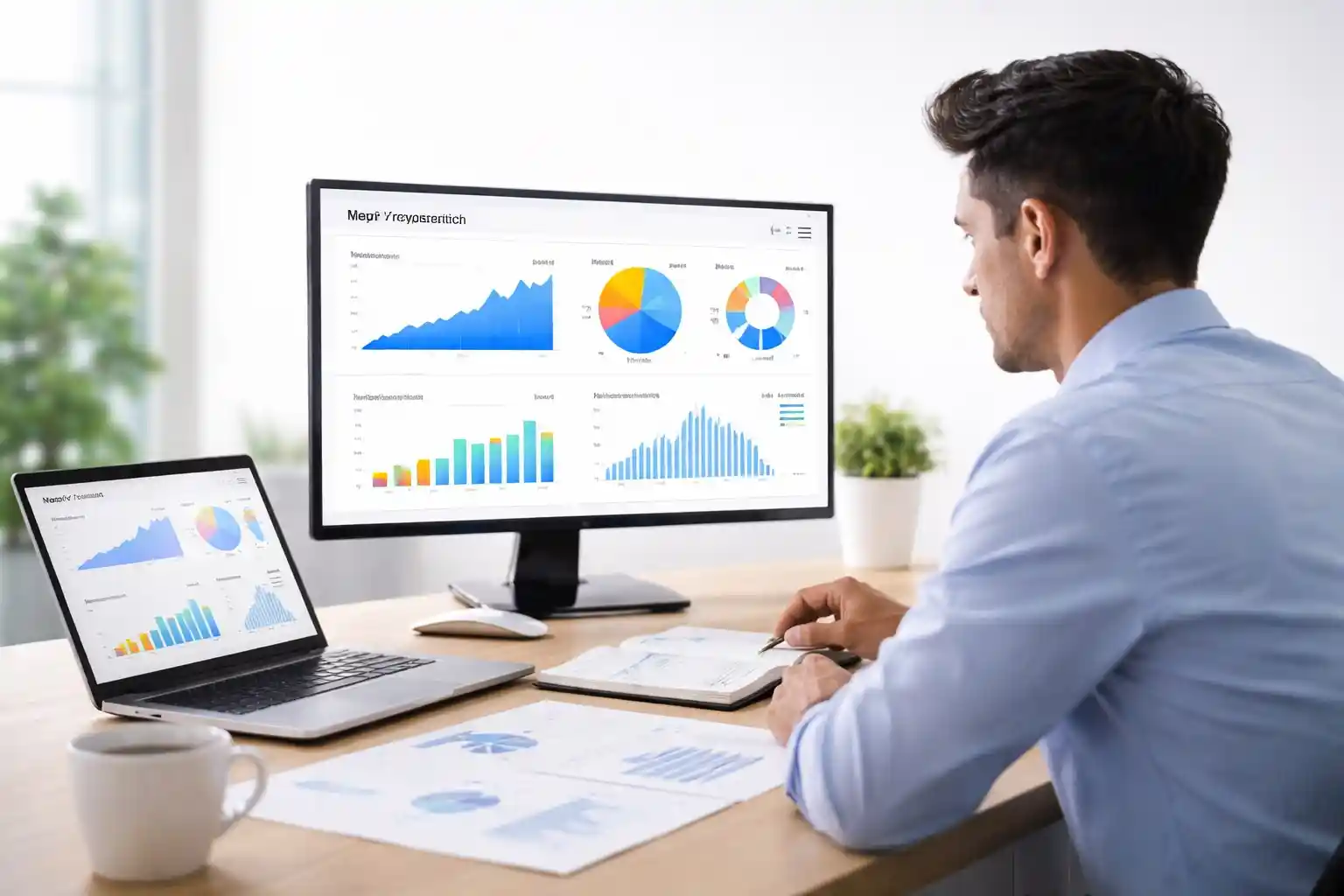 SEO agency professional analyzing search growth insights and performance analytics dashboard in modern white office