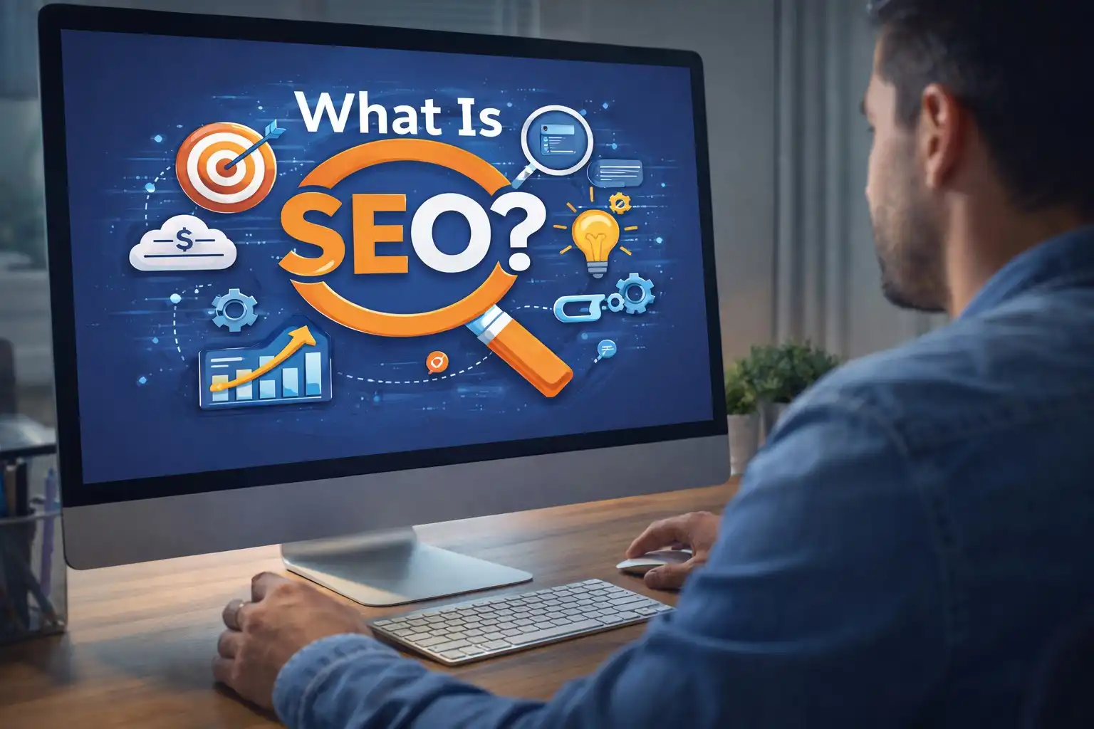 SEO agency professional analyzing search marketing strategy and performance metrics on desktop monitor