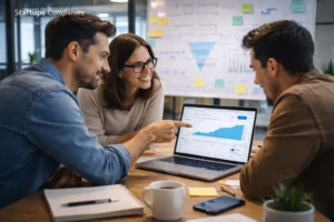 SEO agency working with startup companies reviewing growth analytics and business strategy dashboard