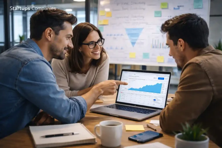 SEO agency working with startup companies reviewing growth analytics and business strategy dashboard