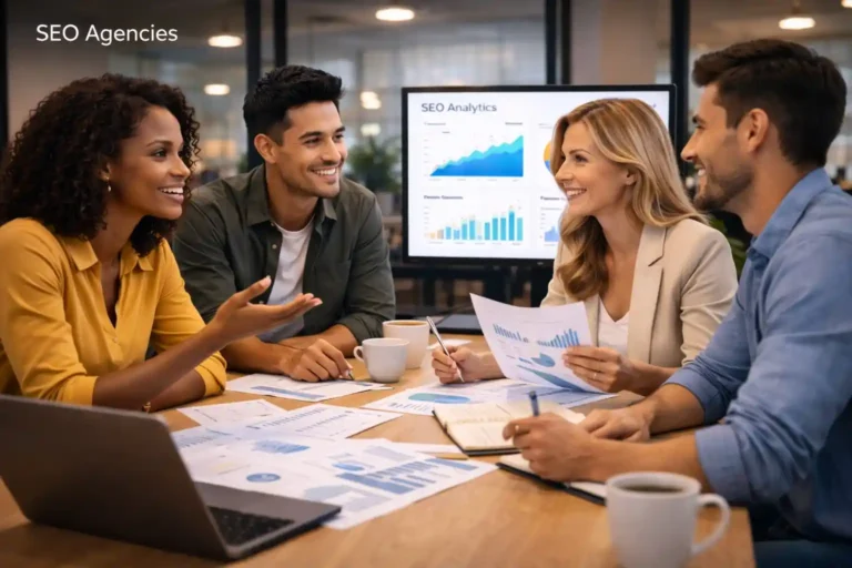 SEO agency team discussing search marketing strategy around a roundtable with performance reports and analytics documents