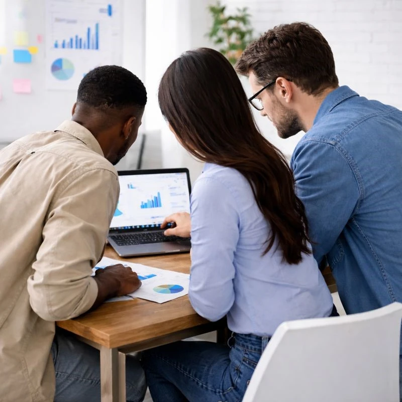 SEO team reviewing search performance data and analytics during strategy discussion