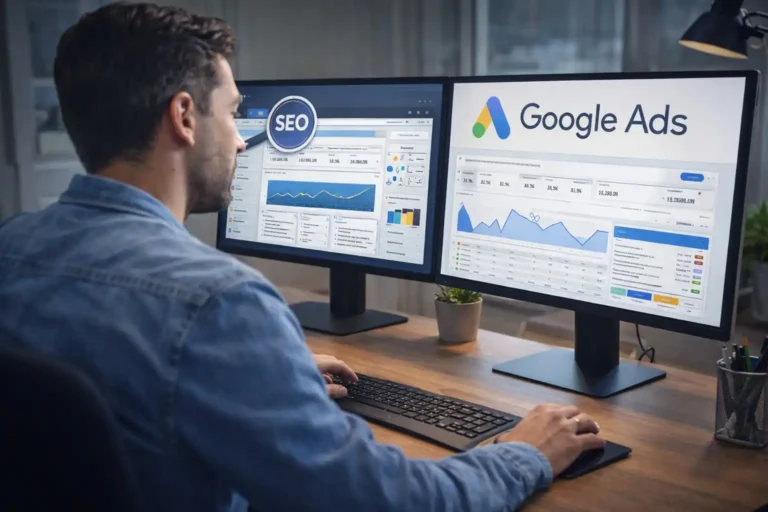 SEO agency specialist managing integrated SEO and Google Ads campaigns on dual monitors for sustainable business growth