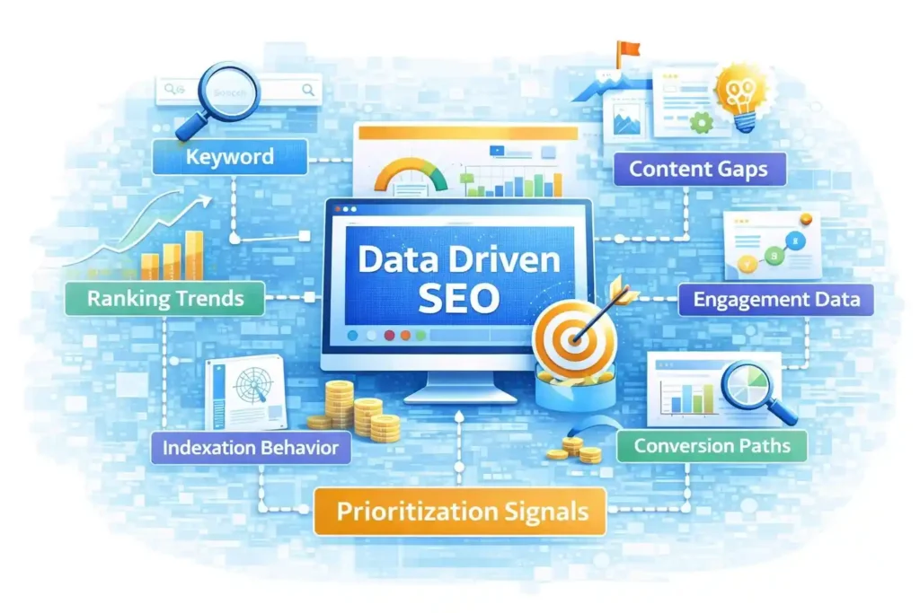 illustration of data driven SEO methodology showing prioritization signals such as search demand performance trends content gaps indexation behavior engagement data and conversion pathways in a structured SEO process