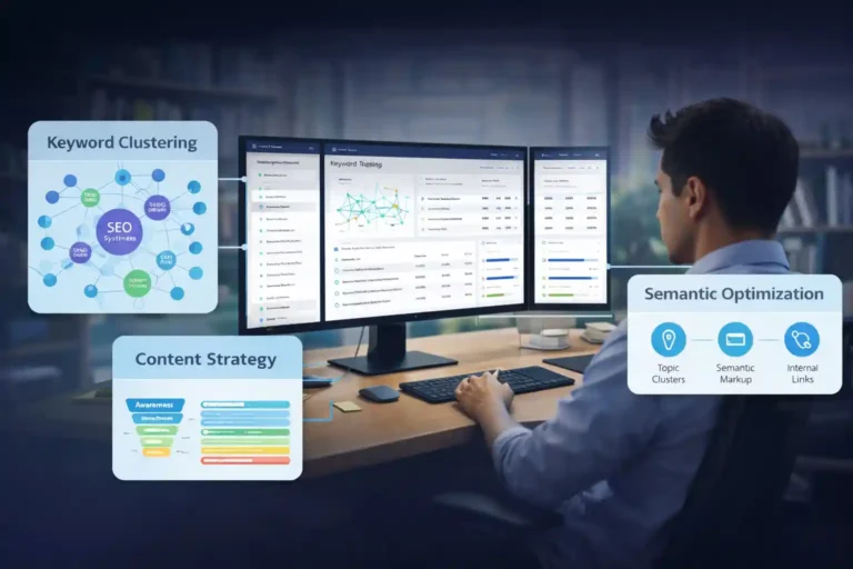 Filipino SEO Expert working on dual monitors with SEO content clustering, internal linking structure, and semantic optimization dashboards in a professional workspace