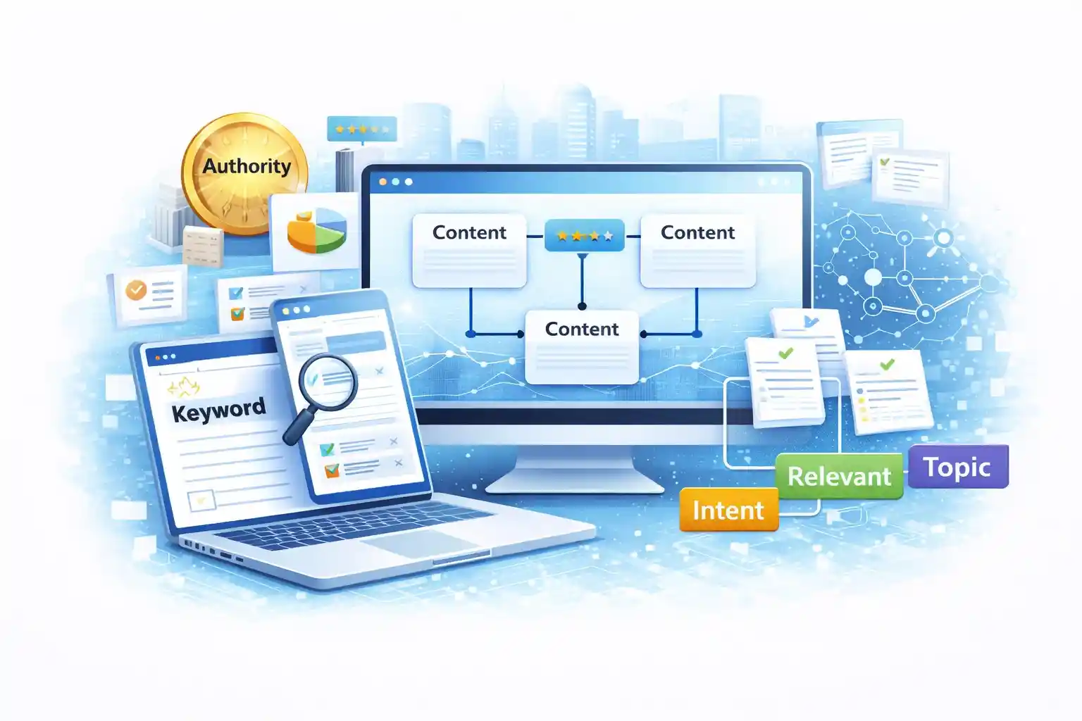 illustration of SEO authority and content development showing connected content system keyword mapping internal linking and content structure as part of a data driven SEO process and SEO workflow