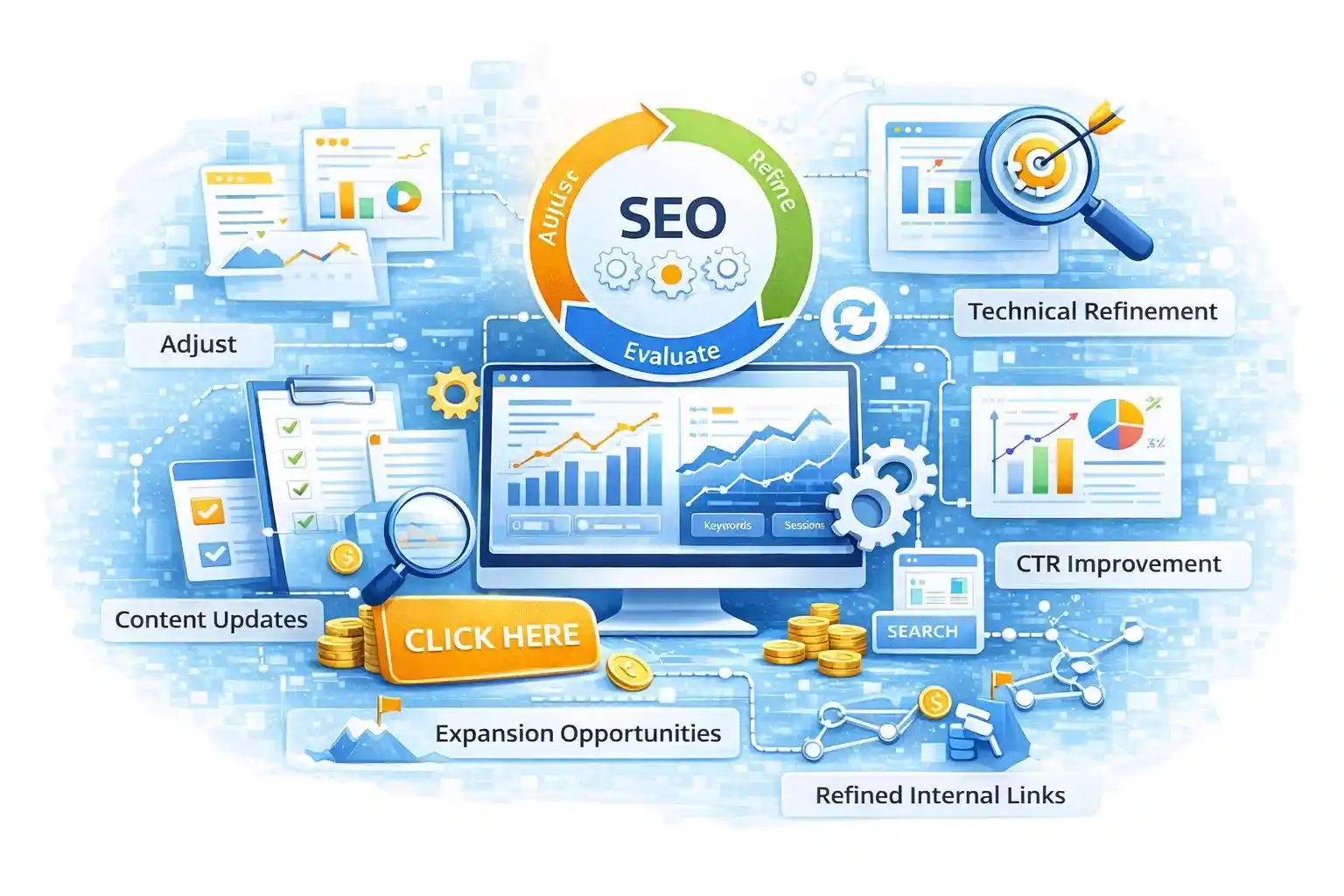 illustration of continuous SEO optimization showing performance monitoring content updates technical refinement internal linking improvements and expansion opportunities in a data driven SEO process and SEO workflow