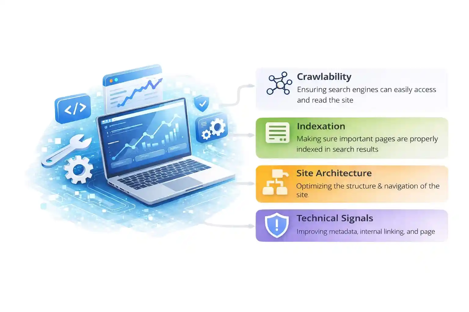 technical SEO foundation illustration showing crawlability indexation site architecture and technical optimization as part of a data driven SEO process and SEO workflow